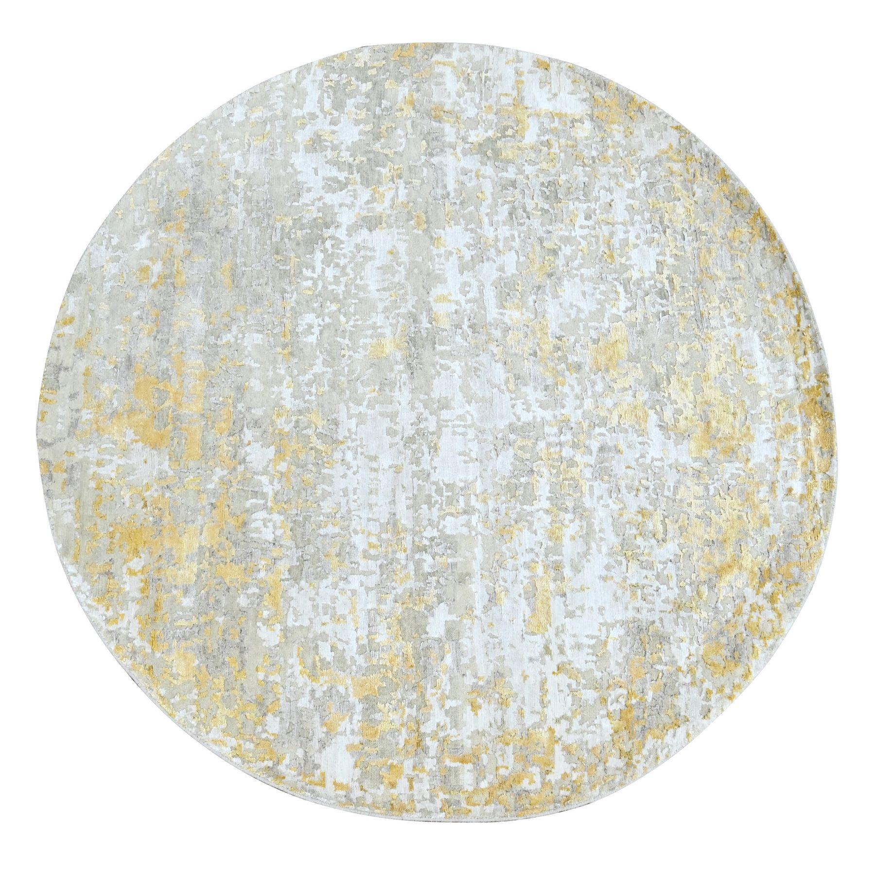 Beige with Gold, Wool and Silk, Abstract Design, Hi-Low Pile, Hand Knotted, Round, Oriental Rug